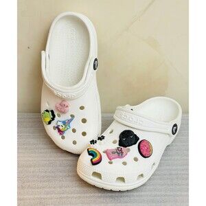 Crocs Iconic Comfort Kids Sz C12 White Slip-On Sandals w/ 8 Charms Unisex